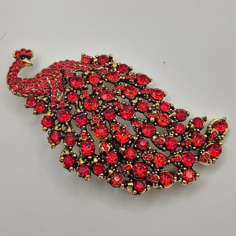 Peacock Brooch Red Rhinestones with Faux Jewels on Gold Tone Metal